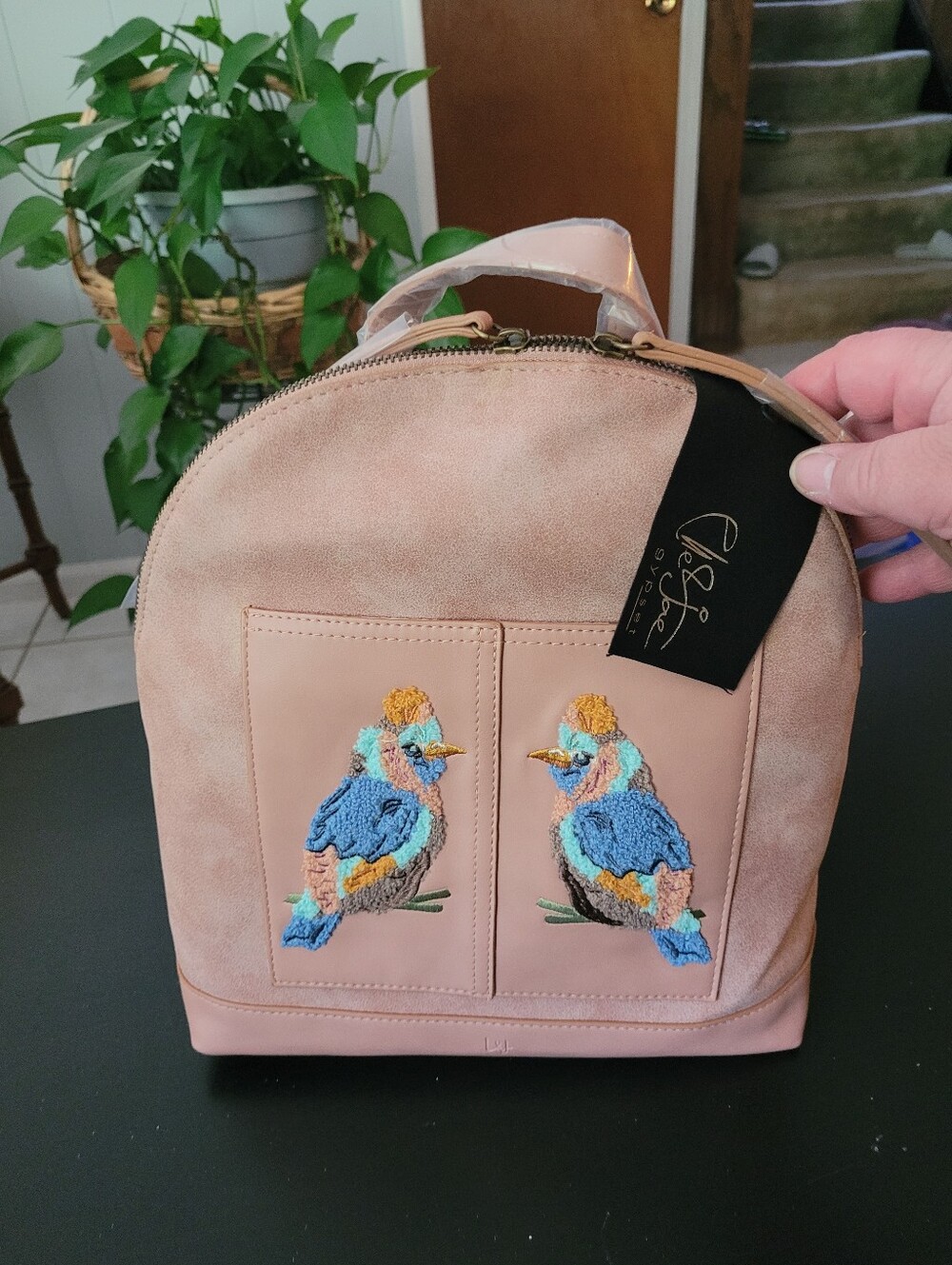 Elle Jay Gypset Blush Pink Vegan Leather Embroidered Bird Backpack